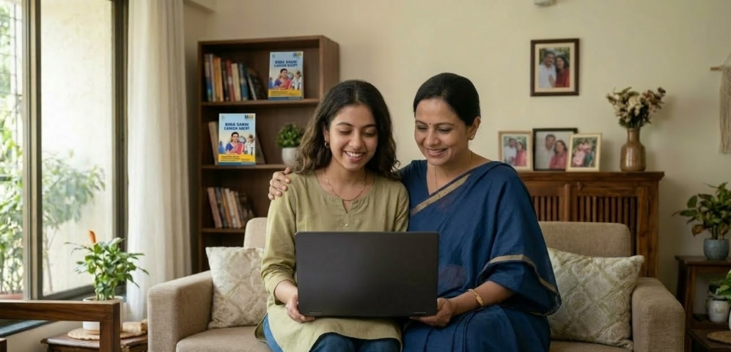 LIC Bima Sakhi Mahila Career Agent: Get ₹7,000 Stipend & Apply Online A heartwarming scene of a 22-year-old Indian woman and her 47-year-old mother sitting together on a sofa, looking at a laptop with joy. The daughter is dressed in a simple, elegant olive-green kurti, while the mother wears a classic blue saree. On the table before them lies a 10th-grade marksheet, symbolizing their eligibility for the Bima Sakhi Mahila Career Agent scheme. The image captures a moment of shared ambition as both women apply for a future of professional growth and financial independence.