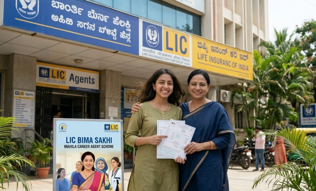 LIC Bima Sakhi Mahila Career Agent: Get ₹7,000 Stipend & Apply Online A bright and optimistic image featuring a 22-year-old Indian woman and her 47-year-old mother standing proudly in front of a Life Insurance Corporation (LIC) of India office. Both are dressed in modern, simple salwar suits with their hair left loose, looking happy and confident. They are holding their 10th-grade marksheets—the essential qualification for the Bima Sakhi Mahila Career Agent scheme. To their left, a prominent promotional standee displays the "LIC Bima Sakhi" program, emphasizing financial independence for women.