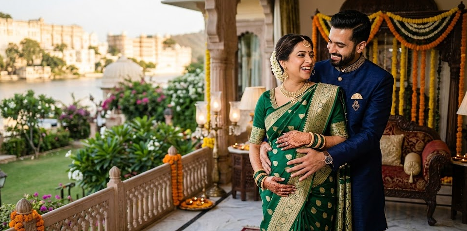 An elegant, wealthy Indian couple celebrating a pregnancy on a palace balcony overlooking a lake. The husband, in a navy blue sherwani, embraces his wife from behind as they both look down joyfully at her baby bump. The wife is dressed in a rich green and gold silk saree with traditional jewelry and henna. This image represents the theme of maternal health and joy, which aligns with the goals of the Dr. Muthulakshmi Reddy Maternity Benefit Scheme to support expectant mothers.