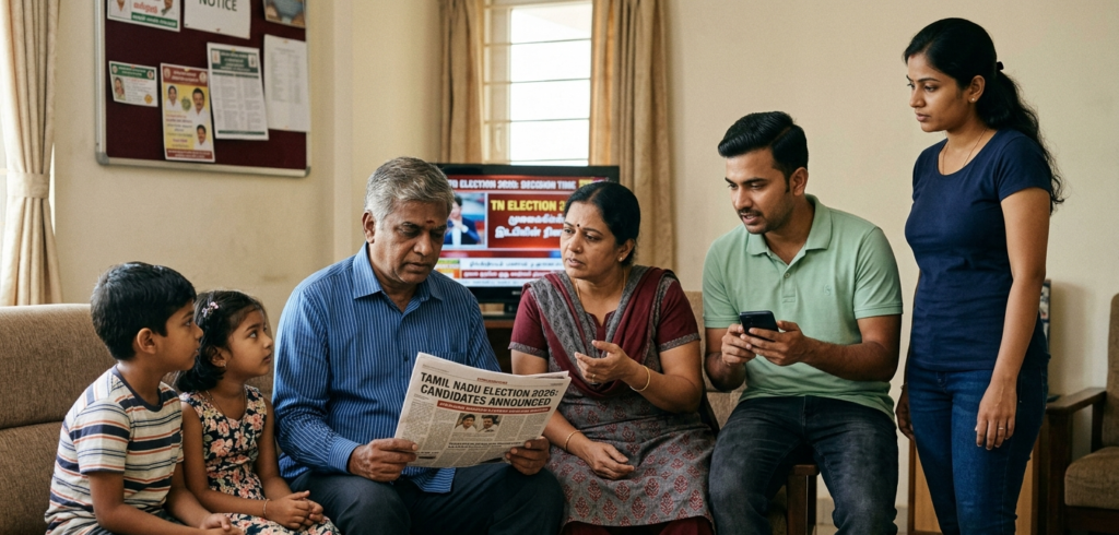 ​A multi-generational Tamil family sitting together in a living room, looking confused while checking a newspaper and a smartphone for the Tamil Nadu Election 2026 candidate list. The scene illustrates the common challenge of navigating constituency updates.