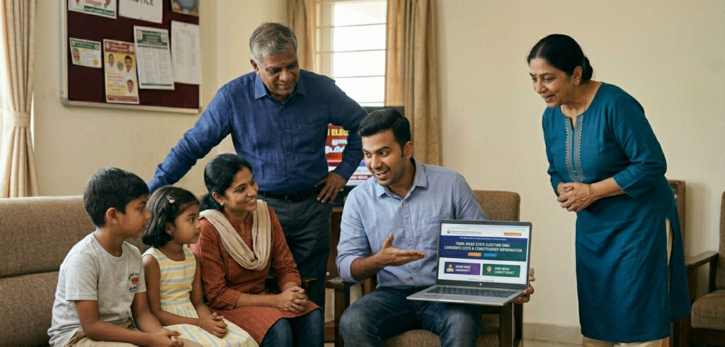 A multi-generational family (grandparents, parents, and two children) gathers in a living room, looking engaged as they point to a laptop screen displaying the title "TAMIL NADU STATE ELECTION 2026: CANDIDATE LISTS & CONSTITUENCY INFORMATION," illustrating the first step in finding your candidate list online.