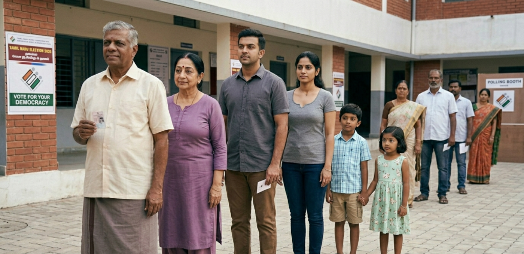A multi-generational South Indian family and other voters stand in an orderly line outside a brick polling station building, illustrating a key part of participating in the Tamil Nadu Election 2026. A prominent poster on the left reads "TAMIL NADU ELECTION 2026" and "VOTE FOR YOUR DEMOCRACY." The man at the front holds up a voter ID card. A sign in the background reads "POLLING BOOTH."