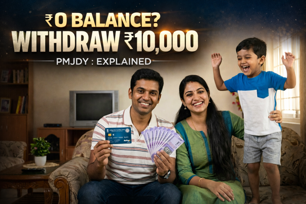 Happy Indian family holding debit card and cash at home with text ₹0 Balance Withdraw ₹10,000 PMJDY Explained highlighting overdraft benefit