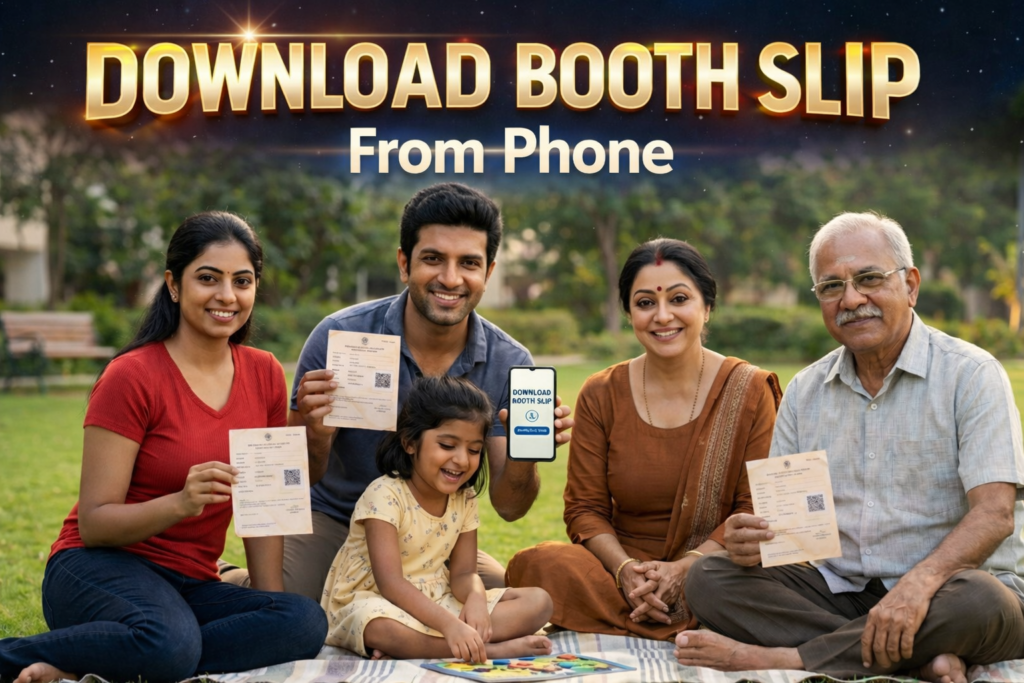 Indian family holding booth slips while one member shows a phone displaying “Download Booth Slip” for Tamil Nadu Election 2026