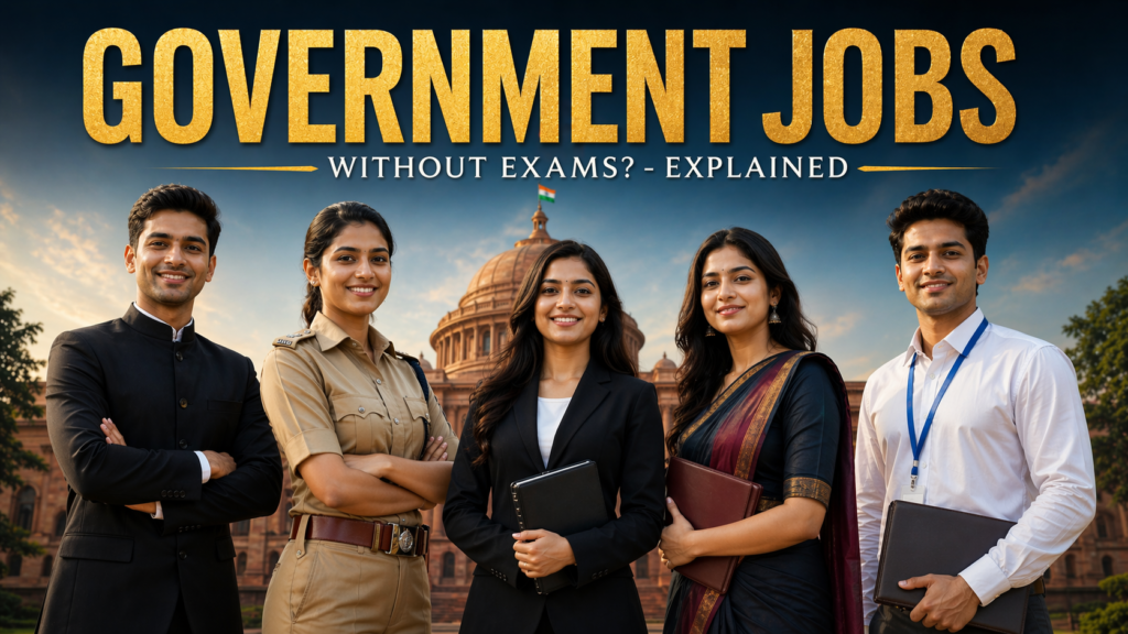 Five young Indian professionals standing confidently in front of a government building, representing high-level jobs secured through the NCS portal without exams