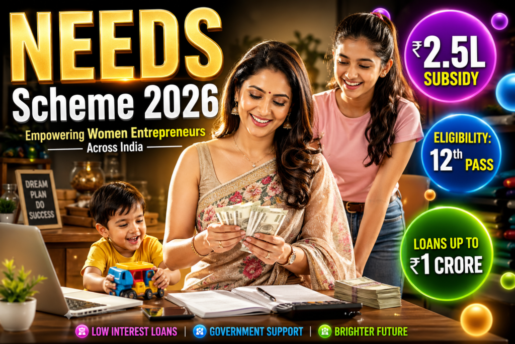 Indian woman entrepreneur counting cash at home with children, highlighting NEEDS Scheme 2026 subsidy benefits up to ₹75 lakh for small business support