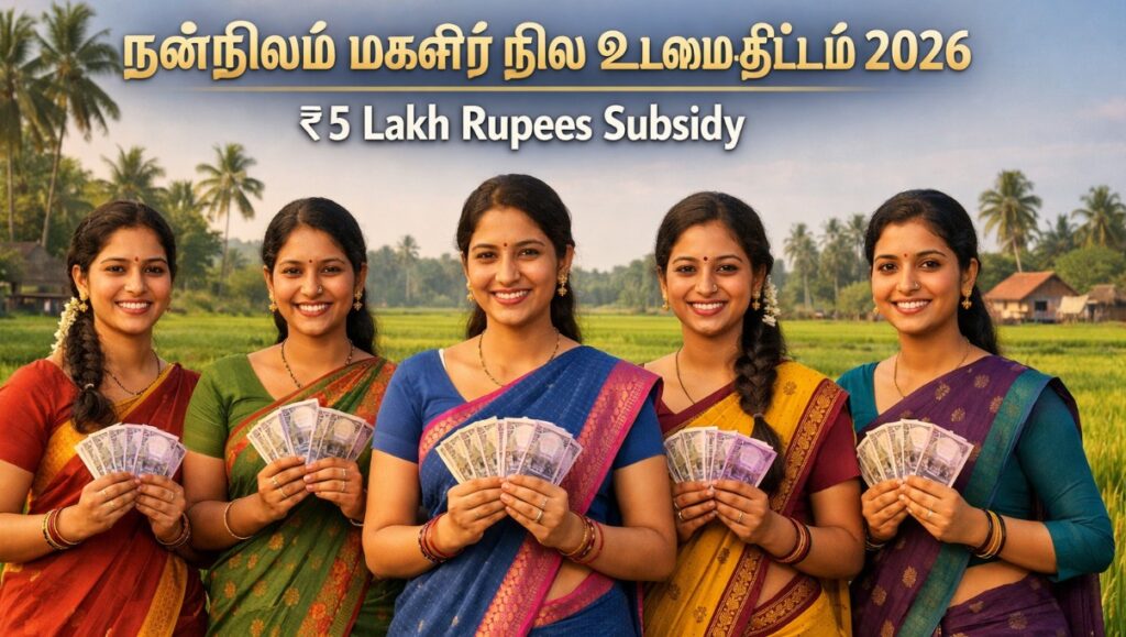 Nannilam Magalir Nila Udamai Thittam 2026: Apply for ₹5 Lakh Land Subsidy Five Tamil village women standing in a green farmland holding cash, representing financial empowerment under Nannilam Magalir Nila Udamai Thittam 2026 with ₹5 lakh subsidy.