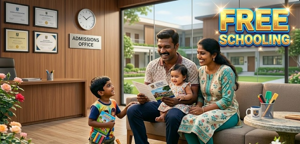 A South Indian family of four (father, mother, young boy, and baby girl) sits on a couch in a modern school admissions office, looking happily at a glossy prospectus. An official "ADMISSIONS OFFICE" sign, a clock, and framed certifications hang on the wooden-paneled wall. In the upper right, a large, glowing, flashy title says "FREE SCHOOLING."