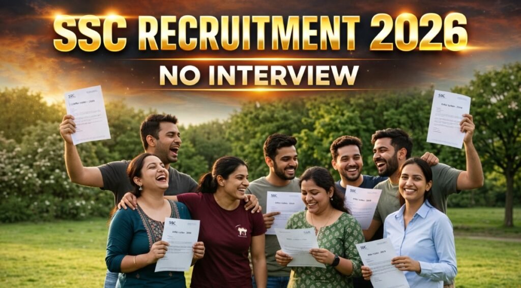 Group of Indian students celebrating with documents in a park with bold title SSC Recruitment 2026 and subtitle No Interview