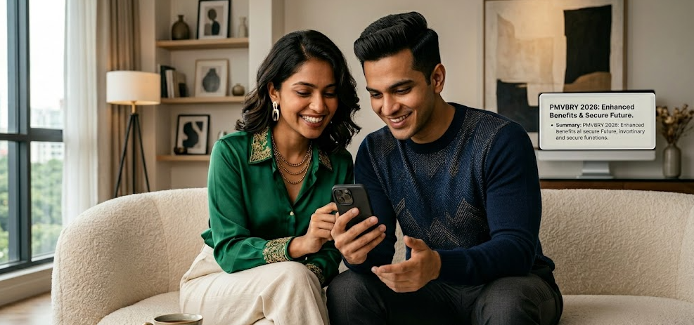 A young Indian couple is smiling happily while looking at a smartphone together, presumably checking their PMVBRY 2026 application status or account details, showcasing the benefits of financial security.