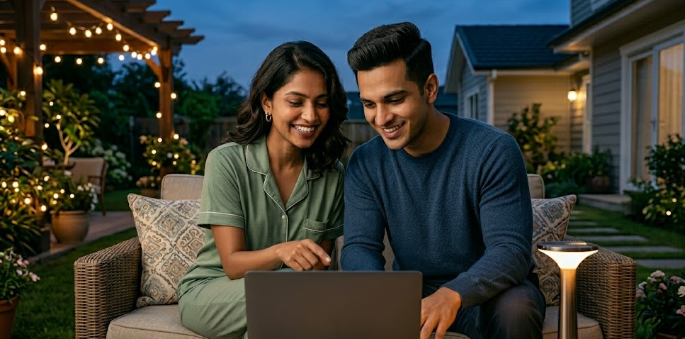 A stylish Indian couple in casual nightwear sitting in a beautifully lit backyard, comfortably applying for the PMVBRY 2026 scheme on a laptop, illustrating the ease of the digital application process