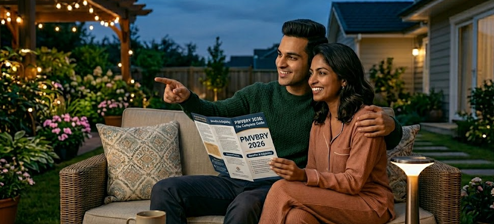 A smiling couple relaxing on their cozy backyard patio during the evening, attentively reading a detailed brochure titled 