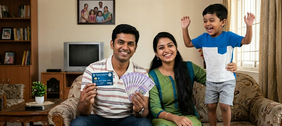 A happy Indian family on a sofa, with the father holding a PMJDY card and cash to illustrate the benefits of the Jan Dhan Yojana, including the potential ₹10,000 overdraft feature and simplified KYC rules mentioned in the article.
