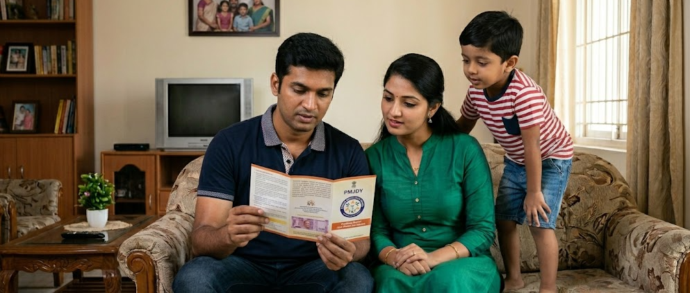 A happy Indian family standing in their well-equipped kitchen. The father points to details in a PMJDY (Pradhan Mantri Jan Dhan Yojana) informational pamphlet, likely about new features, with the family listening intently.