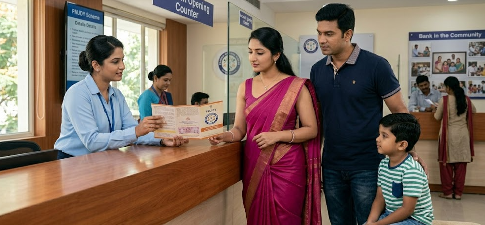 An Indian family at a bank counter, with the mother in an elegant pink saree and the father inquiring with a bank official about PM Jan Dhan Yojana (PMJDY) 2026 updates, including the ₹10,000 overdraft facility and new KYC rules for April.