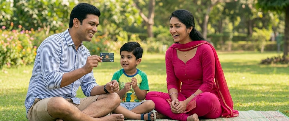 A happy Indian family in a park, with the father showing a PMJDY card and discussing the scheme