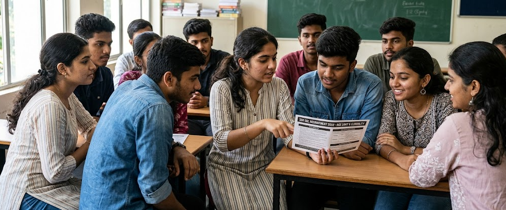 A group of 11 Indian college students in a classroom setting, actively discussing the SSC Selection Post Phase XIV Recruitment 2026. One student points at a pamphlet detailing the 3000+ vacancies and new eligibility rules, capturing a natural and modern educational environment.
