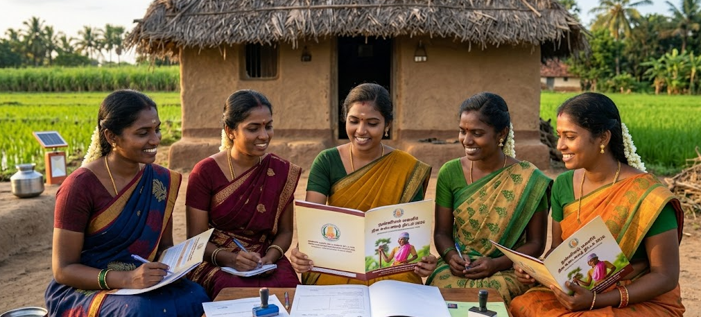 Nannilam Magalir Nila Udamai Thittam 2026: Apply for ₹5 Lakh Land Subsidy Five attractive Tamil village women sitting together in front of a traditional thatched hut, diligently reviewing documents and filling out application forms for the Nannilam Magalir Nila Udamai Thittam 2026 land subsidy scheme.