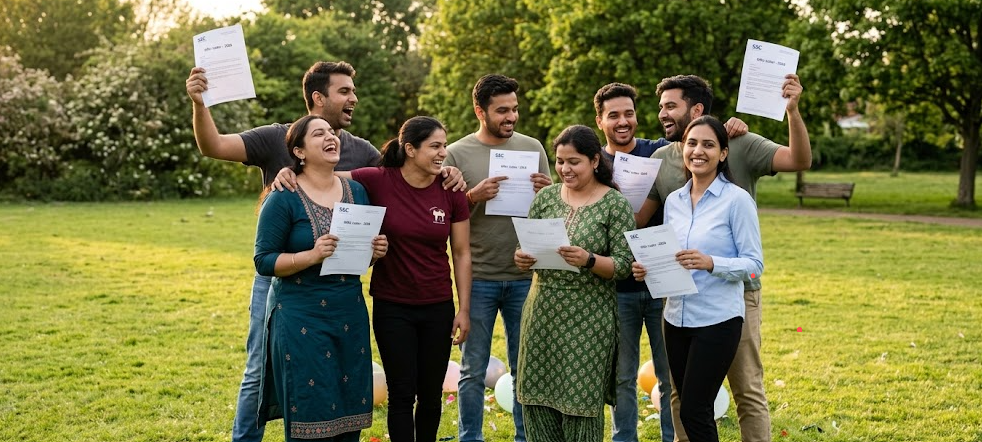 A group of seven joyous Indian candidates celebrating in a park, each holding up an official SSC offer letter. The candidates, including four women in diverse professional and traditional attire and three men in casual wear, are smiling broadly and embracing, reflecting successful results for the SSC Selection Post Phase XIV Recruitment 2026. The sunny, green lawn background highlights the positive outcome of the competitive exam.