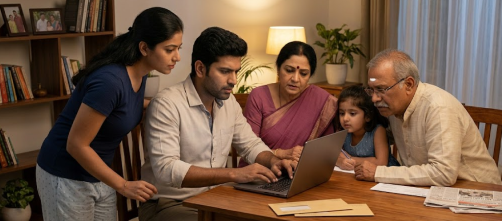 A young Tamil man using a laptop to download a booth slip online for the 2026 Tamil Nadu Election, while his wife, daughter, and elderly parents watch closely in their living room.