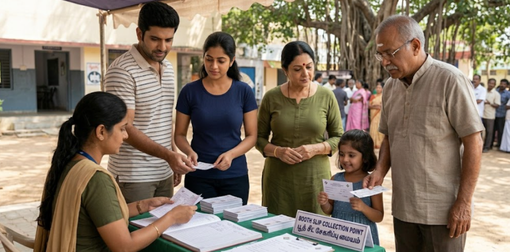 A modern Tamil family—three generations including an elder man and small child—gathering in person at a Booth Level Officer (BLO) collection point under a canopy to collect their printed election booth slips for the Tamil Nadu 2026 election.