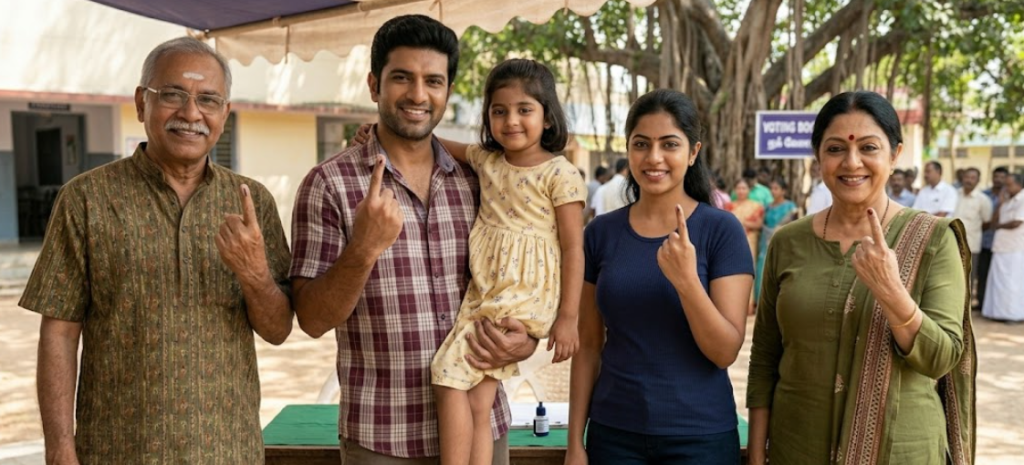 A multi-generational Tamil family stands outside a local polling station under a green canopy. The grandfather, father, and mother happily display their index fingers marked with indelible ink, while the father holds a young child. They represent various age groups from elderly to young adults.