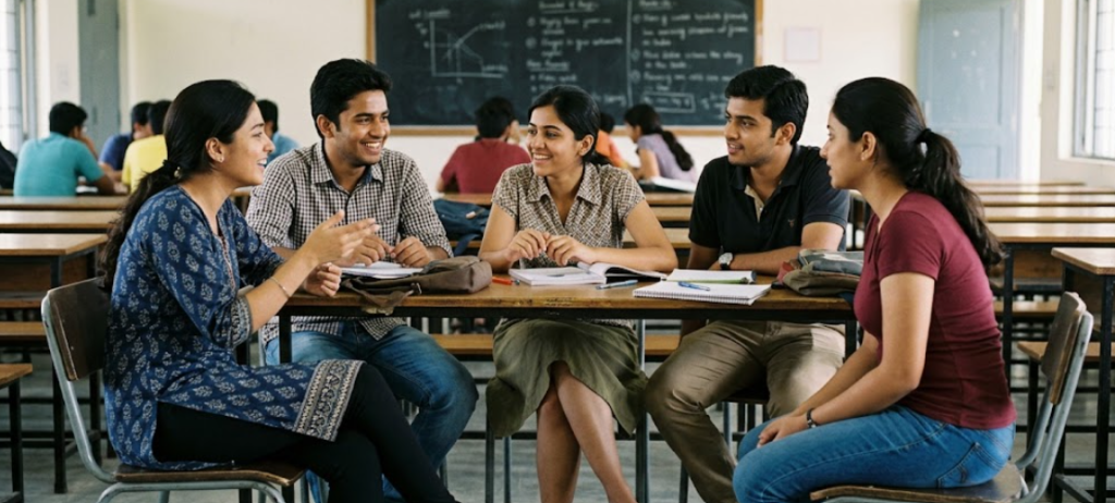A group of five diverse Indian college students, aged approximately 23, sitting around a wooden desk in a bright classroom. They are engaged in a collaborative discussion about career opportunities, representing the young talent pool targeted by the 2026 NCS Portal merit-based selection. One student wears a patterned salwar kameez, another a fitted shirt and skirt, and others in casual academic attire, reflecting the professional yet modern demographic of the Indian workforce.