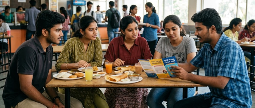 A group of five Indian college students, two men and three women, sitting together in a busy campus canteen. They are having a focused discussion while eating traditional South Indian breakfast items like Idli, Vada, and Dosa. One student is holding an open brochure titled "NCS Portal Direct Jobs," pointing to career information while the others look on intently. The scene represents 2026 merit-based job seekers actively researching government-backed employment opportunities in a casual, collaborative setting.