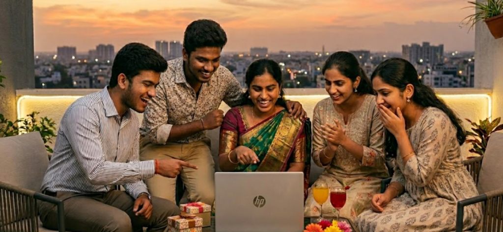 A joyful celebration of five Indian friends on a rooftop terrace at sunset, dressed in elegant traditional and semi-formal attire. The group is gathered around a closed laptop, cheering and laughing with expressions of pure excitement. One woman points toward the device as they celebrate a successful job offer. This scene illustrates the ultimate success of the 2026 NCS Portal merit-based selection process, showcasing the life-changing impact of securing a direct job through the platform.