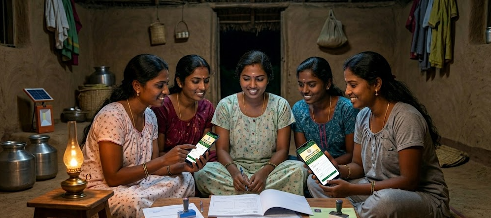 Nannilam Magalir Nila Udamai Thittam 2026: Apply for ₹5 Lakh Land Subsidy Group of five beautiful Tamil women in comfortable nightwear sitting inside a traditional hut, using smartphones to access the Nannilam Magalir Nila Udamai Thittam 2026 digital portal to apply for the land subsidy under a warm lantern light.