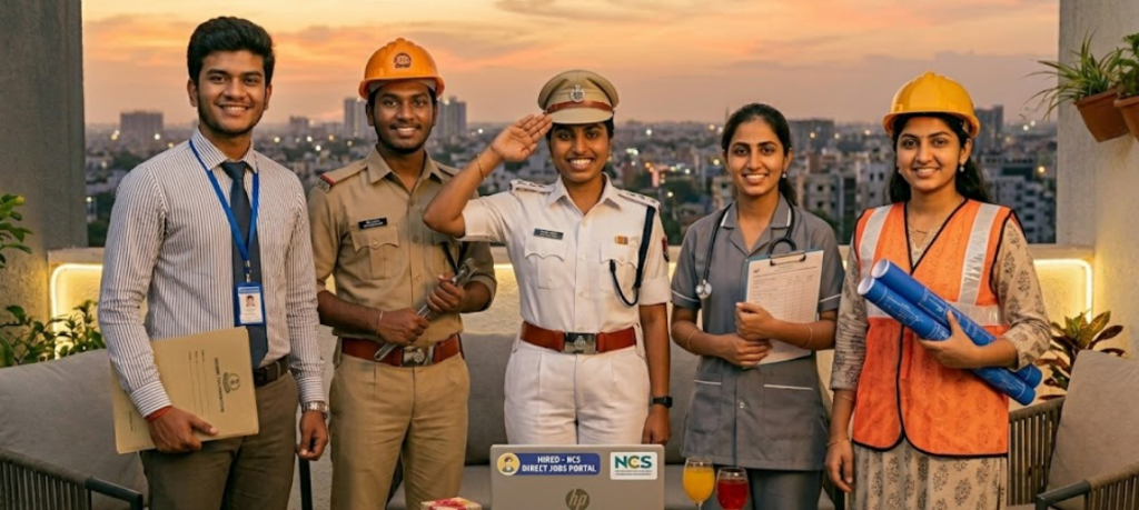 A triumphant group of five young Indian professionals standing proudly on a rooftop at sunset, showcasing the diverse career paths available through the 2026 NCS Portal. The group includes a police officer in uniform saluting, a healthcare professional with a stethoscope, a civil engineer in a safety vest holding blueprints, a corporate office professional with an ID badge, and a technical worker in a hardhat. A laptop in front of them features a "Hired - NCS Direct Jobs Portal" sticker, symbolizing the successful result of merit-based selection across various government and private sectors.