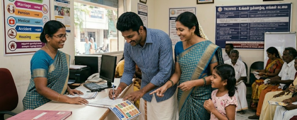 A Tamil man fills out a TNUWWB 2026 application form at a welfare office counter while his wife and daughter look on happily. A staff member assists them, with a 'TNUWWB 2026 Schemes' board displaying benefits like Education, Marriage, and Pension visible in the background.