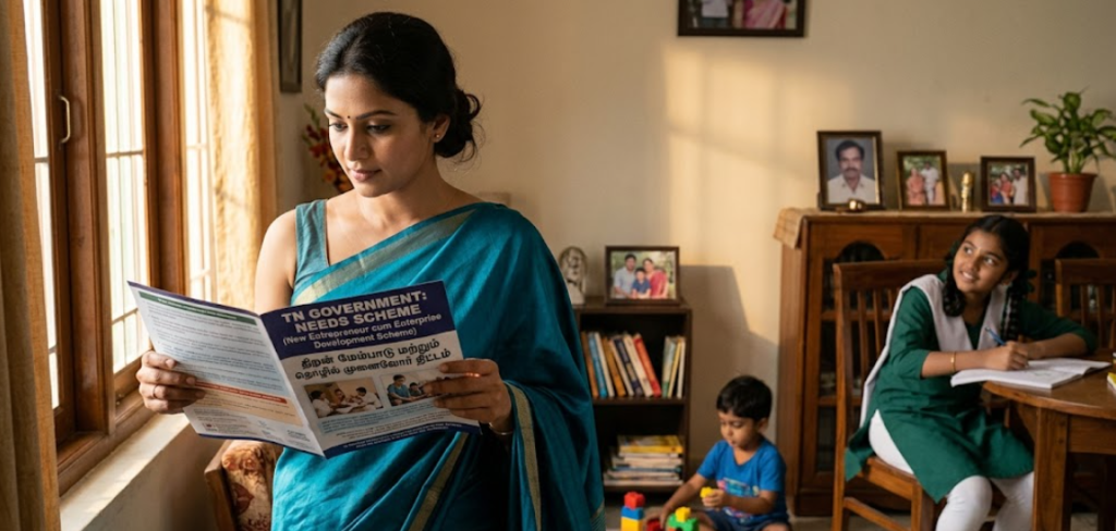 An elegant Indian woman entrepreneur reading a TN Government NEEDS Scheme pamphlet with confidence at home, while her young son and daughter play nearby. The image symbolizes female empowerment and business opportunities through the NEEDS 2026 subsidy program
