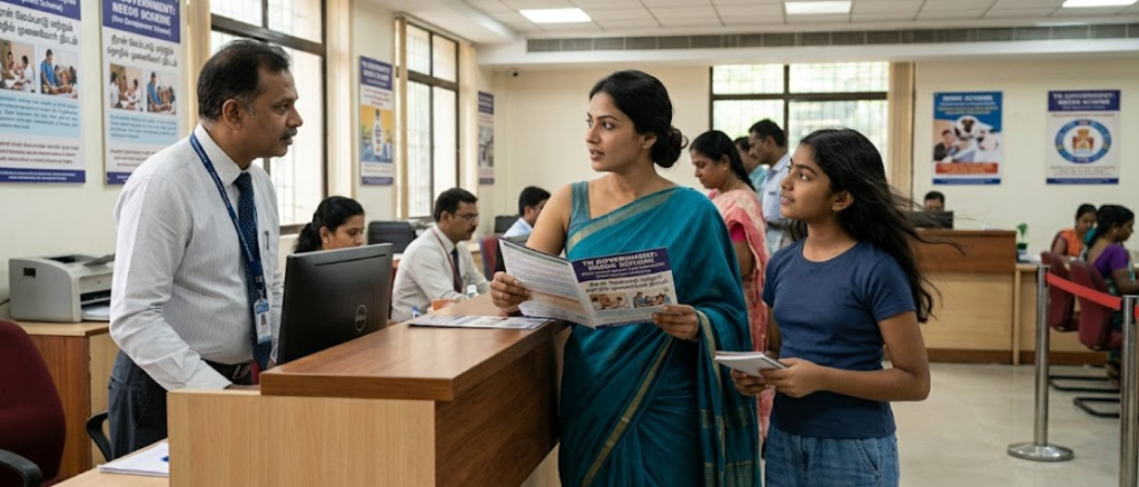 An Indian woman entrepreneur in a blue saree, accompanied by her daughter, discusses the TN Government NEEDS Scheme with a bank officer at a service counter. This scene illustrates the face-to-face consultation process for business loan and subsidy applications under the NEEDS 2026 initiative.
