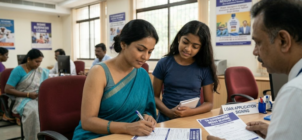 A Tamil Nadu woman entrepreneur, wearing a blue saree and accompanied by her daughter, confidently signs necessary loan documents and applications for the government NEEDS scheme in a bank, while a male bank officer and a desk sign reading 'LOAN APPLICATION - SIGNING' look on