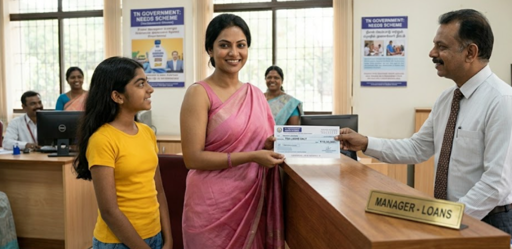 Successful Indian woman entrepreneur receiving a business loan cheque of ₹10,00,000/- for her New Entrepreneur cum Enterprise Development Scheme (NEEDS) project from a bank manager in Tamil Nadu, with her daughter smiling beside her and posters of the TN Government NEEDS Scheme in the background.