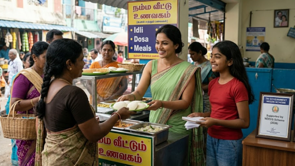 A successful Tamil Nadu woman entrepreneur, supported by the TN Government NEEDS Scheme (2026), joyfully serves customers at her food stall. This image illustrates how the scheme enables business ownership