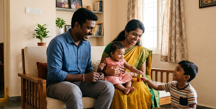 A happy Tamil family sitting in their sunlit home, featuring a young father, a mother in a traditional yellow saree, and their two young children playing with colorful blocks—representing a family eligible for the RTE Admission 2026-27 process.
