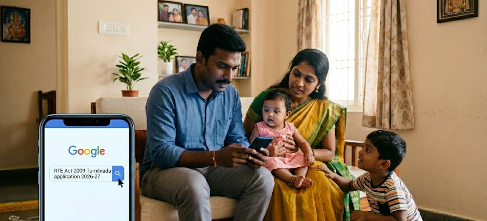 A young Tamil family in their home looking curiously at a smartphone as the father searches for "RTE Act 2009 Tamilnadu application 2026-27," illustrating the process of applying for school admissions online.