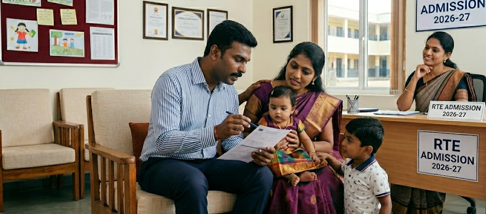 A young Tamil family at a school administration office for RTE Admission 2026-27; the father reviews an application form while the mother and two young children look on, with a school official and "RTE Admission" signs in the background.