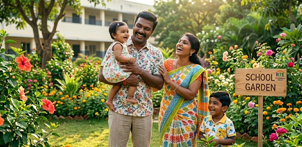 A happy Tamil family of four, including two young children eligible for school, relaxes and looks at educational materials in a well-maintained garden, representing a successful outcome of the RTE Admission 2026-27 process.