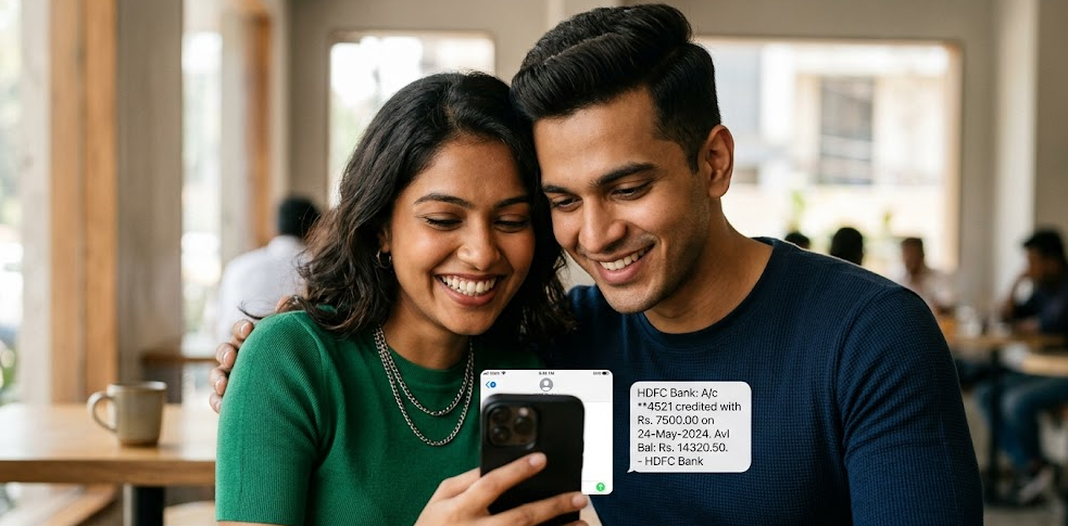 A young, smiling Indian couple looks joyfully at a smartphone, exemplifying the financial security and confidence that comes with enrolling in PMVBRY 2026