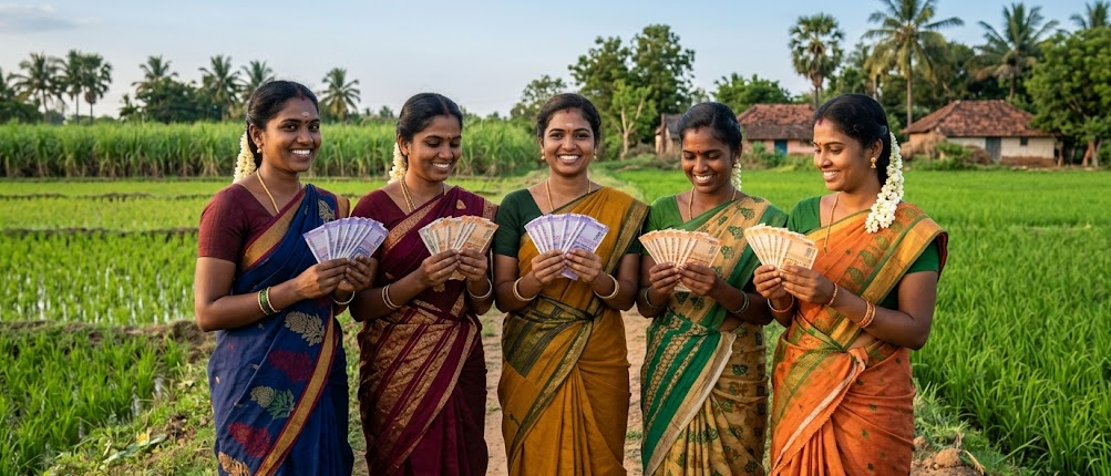 Nannilam Magalir Nila Udamai Thittam 2026: Apply for ₹5 Lakh Land Subsidy Five smiling young Tamil women in traditional silk sarees standing in a lush green paddy field, joyfully holding fans of Indian currency notes to represent the success of the Nannilam Magalir Nila Udamai Thittam 2026 land subsidy.