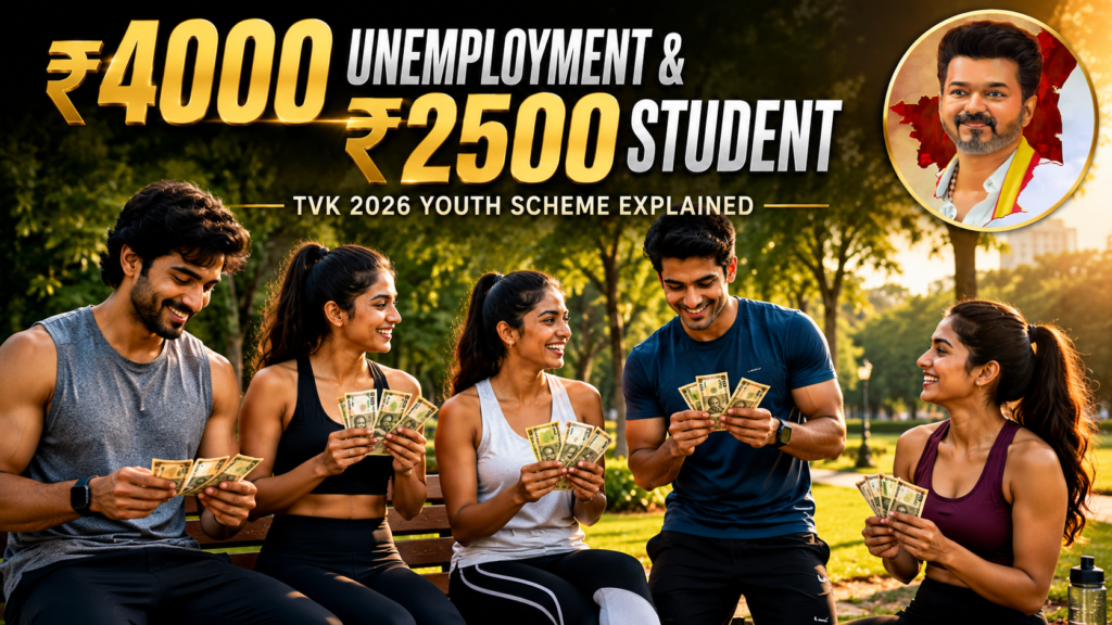 Young Indian men and women in sporty outfits happily holding Indian currency notes in a park with a cinematic title about TVK 2026 Youth Schemes, including ₹4000 unemployment assistance and ₹2500 student allowance.
