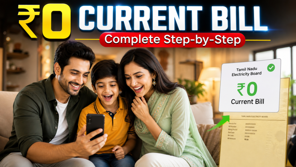 Modern Indian family happily checking ₹0 electricity bill on smartphone at home, representing PM Surya Ghar Muft Bijli Yojana benefits and subsidy savings