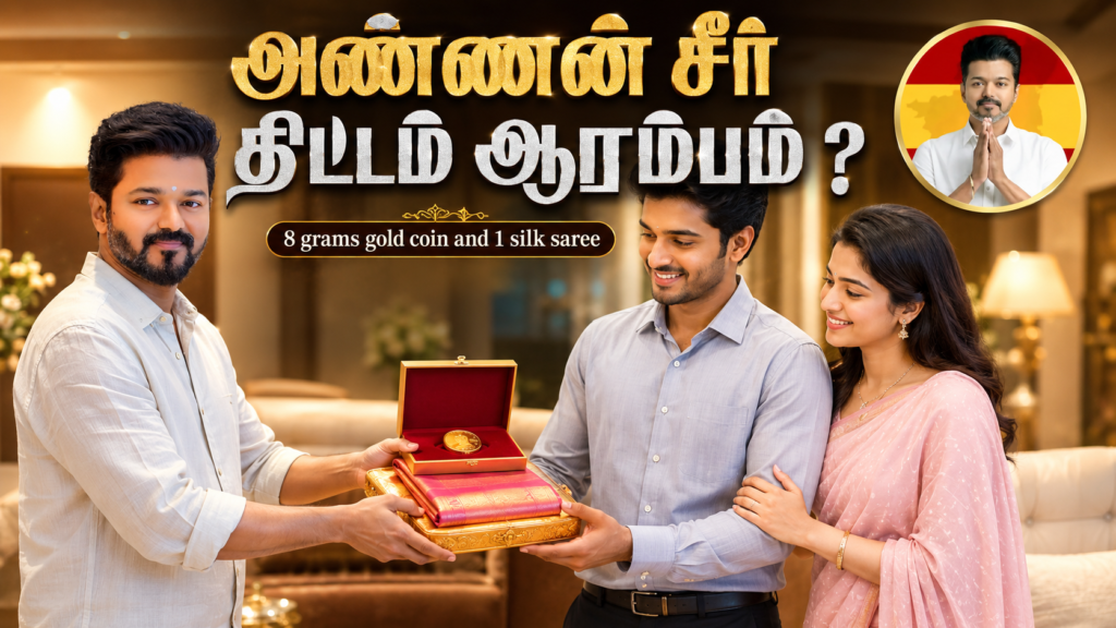 Cinematic Tamil-style thumbnail showing a man gifting an 8 grams gold coin and silk saree to a newly married couple inside a luxurious modern house, with bold Tamil title “அண்ணன் சீர் திட்டம் ஆரம்பம் ?” and a circular inset portrait on the top right.