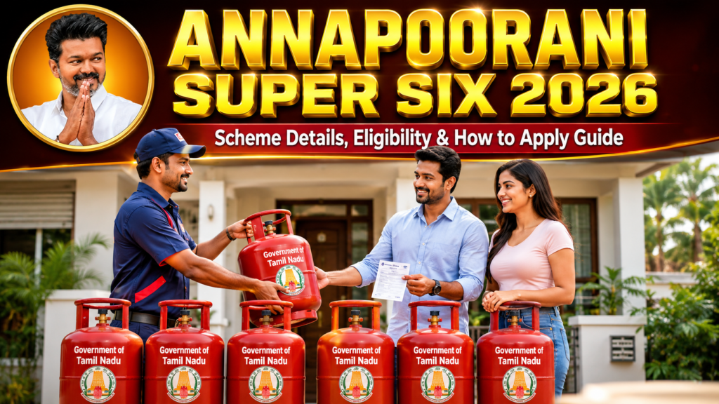 Government welfare scheme thumbnail showing six LPG cylinders being delivered to a smiling Indian couple in front of a modern house. A circular portrait of a political leader appears in the top-left corner, while the title “Annapoorani Super Six 2026” and subtitle “Scheme Details, Eligibility & How to Apply Guide” are displayed prominently at the top.