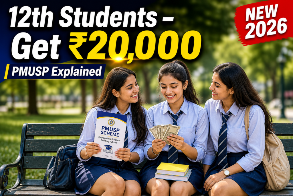 Three Indian students in school uniforms sitting on a park bench, one holding a PMUSP scheme pamphlet and another counting money, with text “12th Students Get ₹20,000 – PMUSP Explained, New 2026”