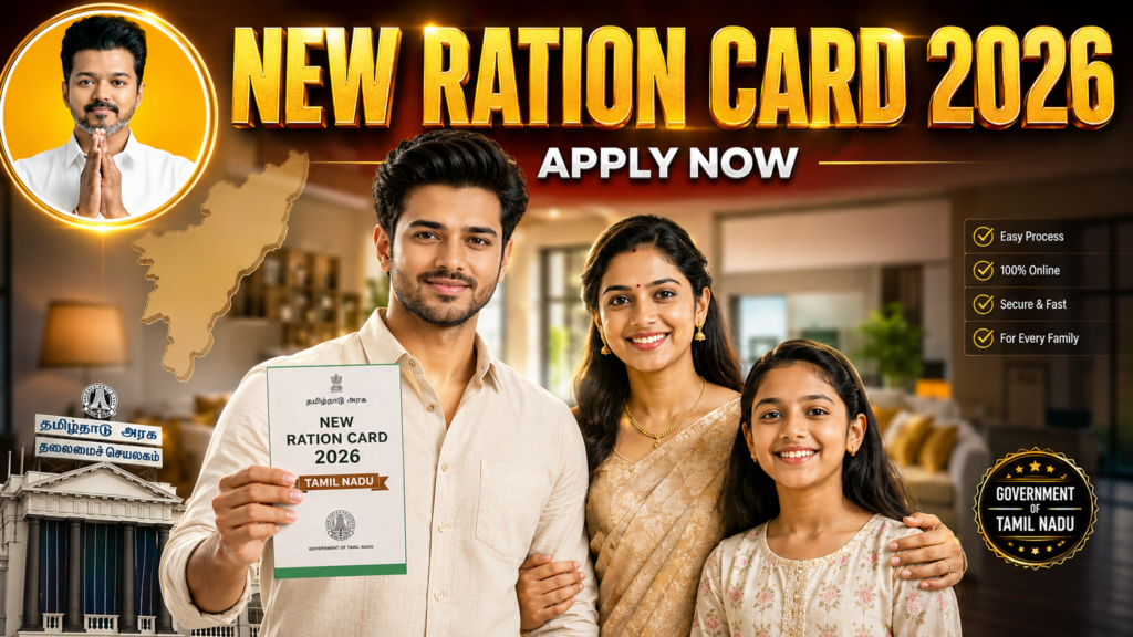Indian family in a modern home holding Tamil Nadu New Ration Card 2026 document with “Apply Now” banner and government-themed background