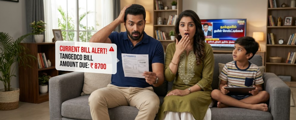 A shocked young Tamil family of three sitting in a modern living room, reacting to a high TANGEDCO electricity bill of ₹8700. The image illustrates the rising cost of power in Tamil Nadu, highlighting the need for the PM Surya Ghar Muft Bijli Yojana solar subsidy to reduce monthly expenses.